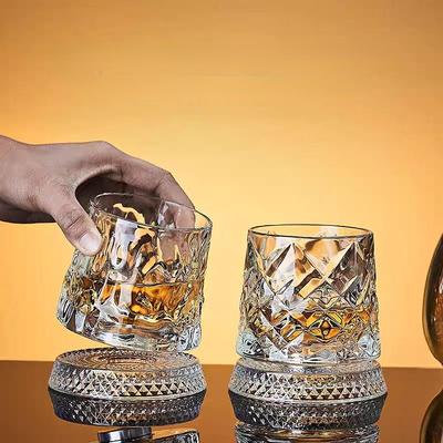 280ml Crystal Rotating Whiskey Glass with Base Diamond Cut Ice Flower Bubble Pattern Spinner Cup for Home Bar Party Gifts