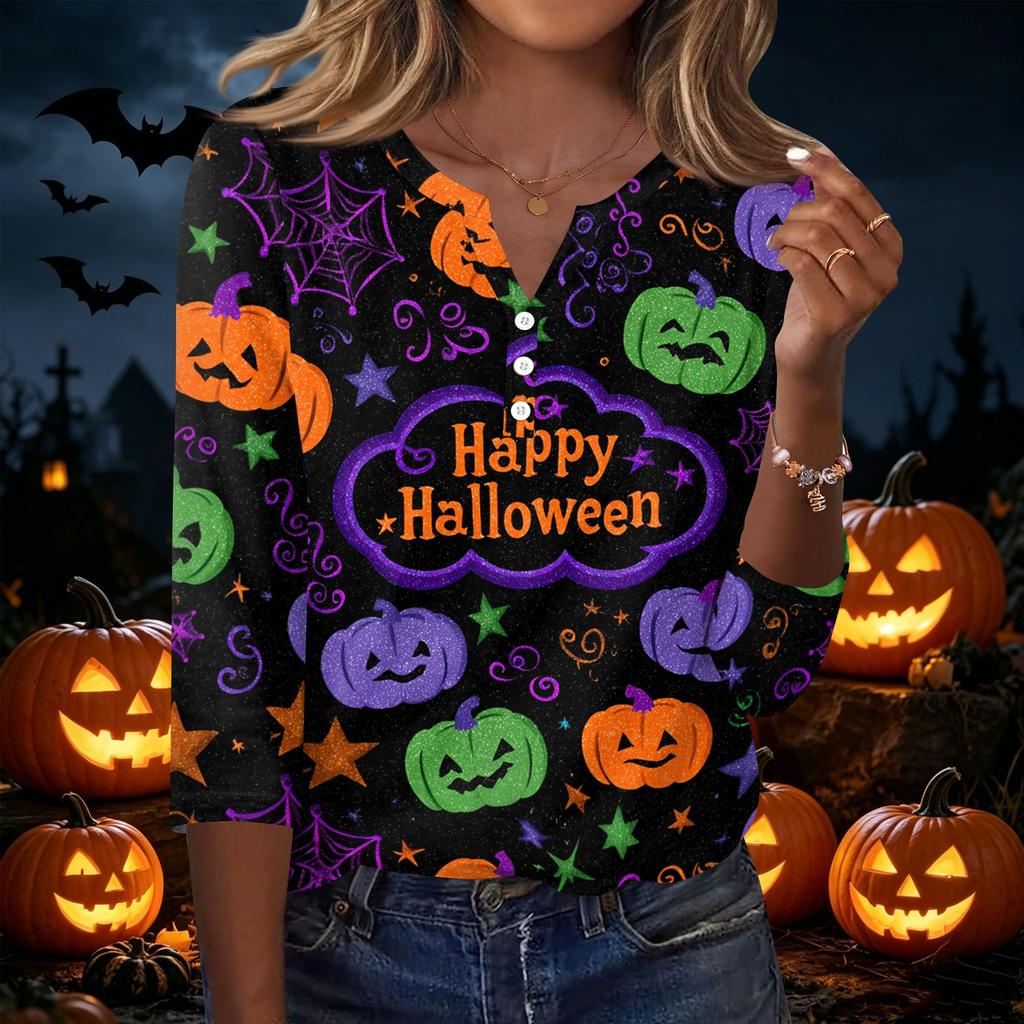 Women's Casual Halloween Print V Neck Button Front Three Quarter Sleeve T Shirt Top Lightweight Comfortable Fall Shirt