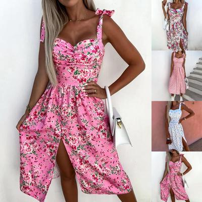 Rochie de vară pentru femei, fără mâneci, cu imprimeu floral, pentru petrecere pe plajă, rochie de soare fără bretele, ocazională, sexy, cu șireturi