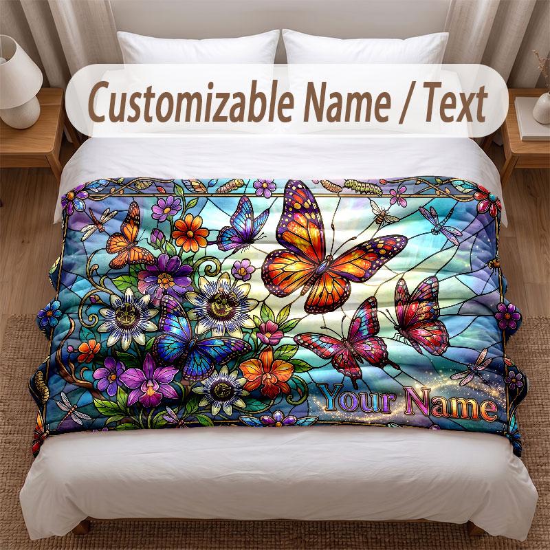 Floral Garden Theme Soft Blanket Personalized Custom Name Text Print Warm Blanket Home Sofa Bedroom Decor