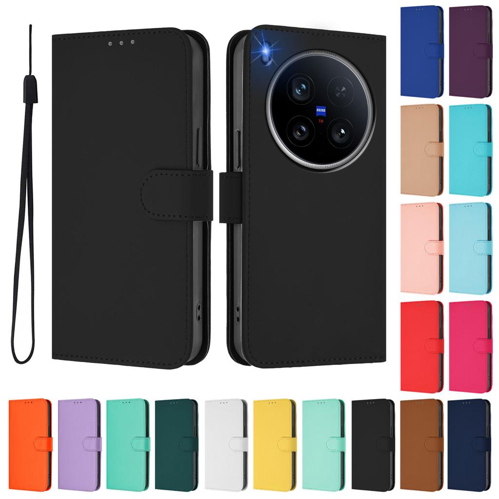 For Vivo X200 Ultra 5G Case Solid Color Wallet Leather Phone Cover with Strap