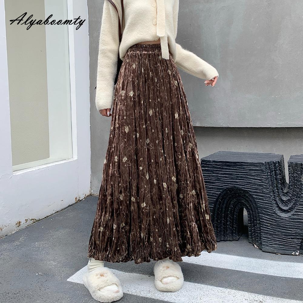 

Корейская мода Осень Зима Женская юбка миди Эластичная талия Цветочный принт Бархатная юбка Элегантные женственные плиссированные юбки Женские One Size коричневый