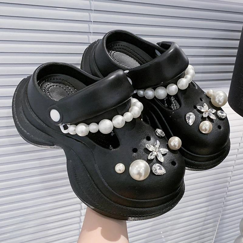 Fashion Cute Pearls Chain Chunky Sandals Women Fashion Diy Eva Platform Clogs Shoes Woman Outdoor Non Slip Soft Bottom Sandles Female