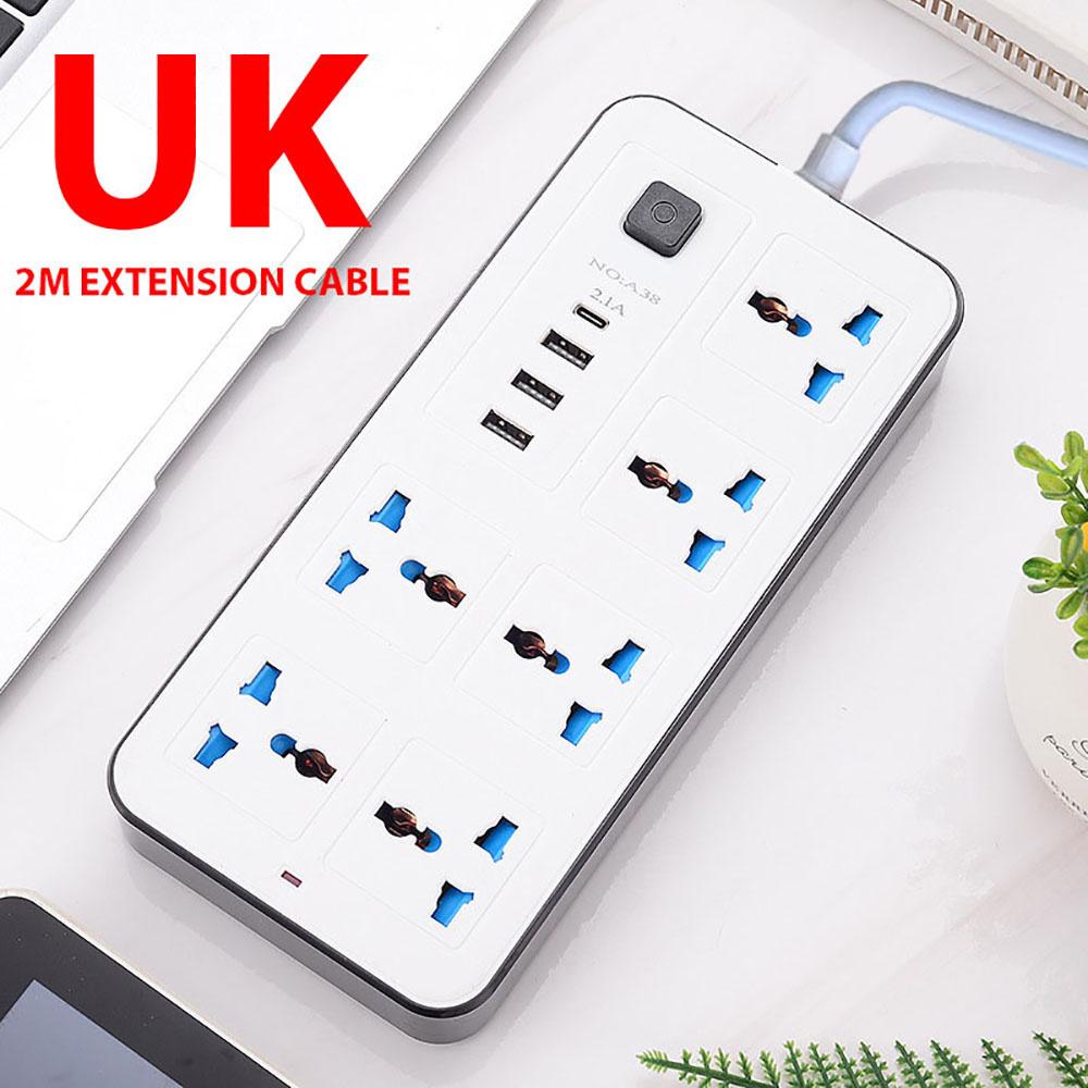 2m Extension Cord Power Multi Tap Multi Ports AC Sockets & 3 USB Electrical Socket Type C Smart Home EU US UK Universal Plug