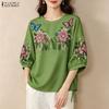 Blusa casual da donna a maniche 3/4 con scollo rotondo e stampa floreale ampia