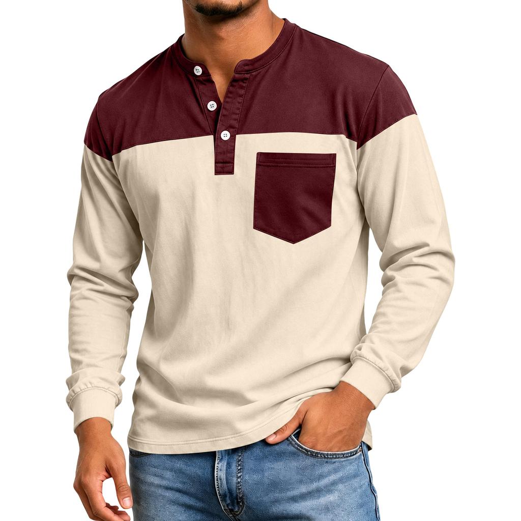 Men's Color Block Long Sleeve Shirt Casual Top for Spring and Fall