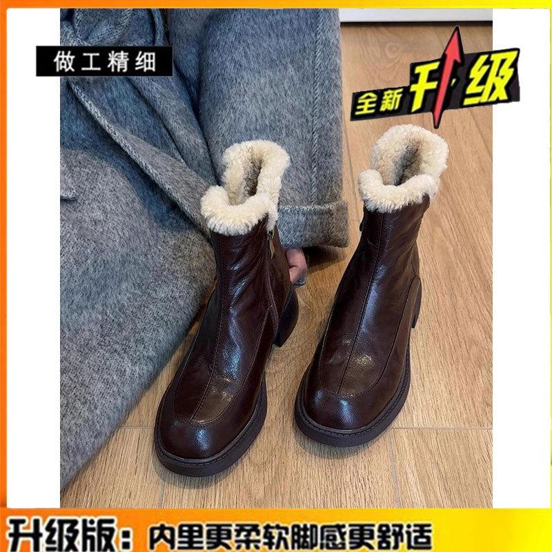 

Leather~ thick-soled snow boots women s new winter thin boots thermal cotton shoes fluffy shoes small short boots 40