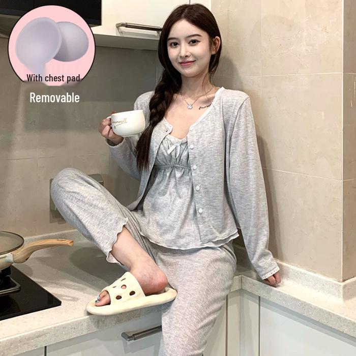 Pure Desire Women's 3-Piece Pajama Set: Long Sleeve, Spring/Autumn Cotton, Padded Camisole, Sexy Homewear