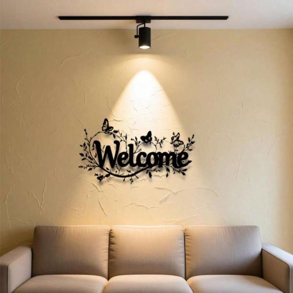 Modern Welcome Sign Metal Wall Art Elegant Cursive Iron with Leaves Openwork Design Black Horizontal Outdoor Durable Home Entrance Decoration Gift