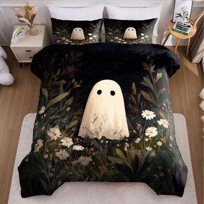 3pcs Halloween Duvet Cover Set Without Core, Quilt Cover with 2 PillowcasesSoft and Machine Washable Black White Ghost Floral
