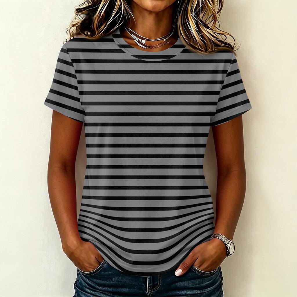 Women's Casual Crew Neck Short Sleeve Pullover T-Shirt Vertical Stripe Print Top Lightweight Soft Fabric Summer Wear