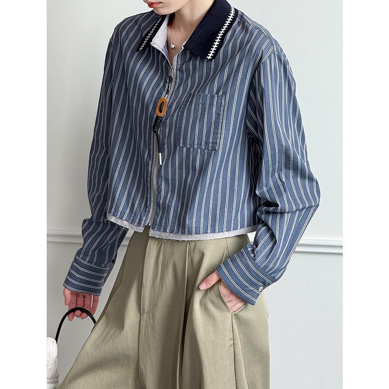 Ju Zhi Early Autumn Retro Dark Blue Striped Women's Long Sleeve Loose Casual Top