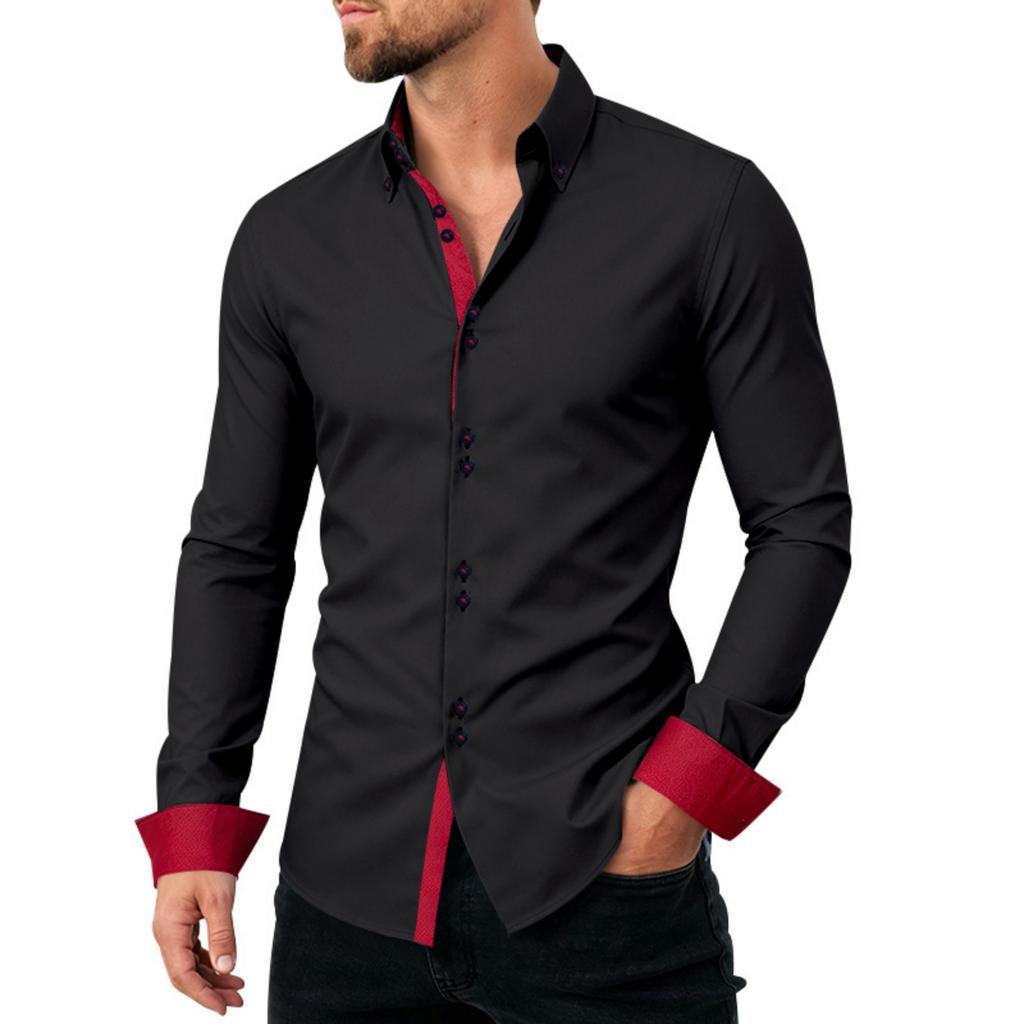 Men's Casual Business Long Sleeve Shirt Stretch Breathable Double Button Collar Slim Fit Dress Shirt for Office Work or Formal Occasions