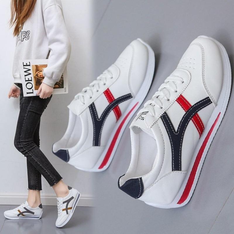 White Retro Stripe Sneakers Lightweight Lace-Up Casual Trainers Non-Slip Comfortable Walking Shoes