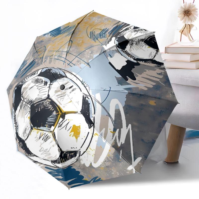 Soccer Ball Artwork Compact Travel Automatic Umbrella Sturdy 8-Rib Shaft Foldable Design All-Season Use Fashion Lovers Wedding Party Gift