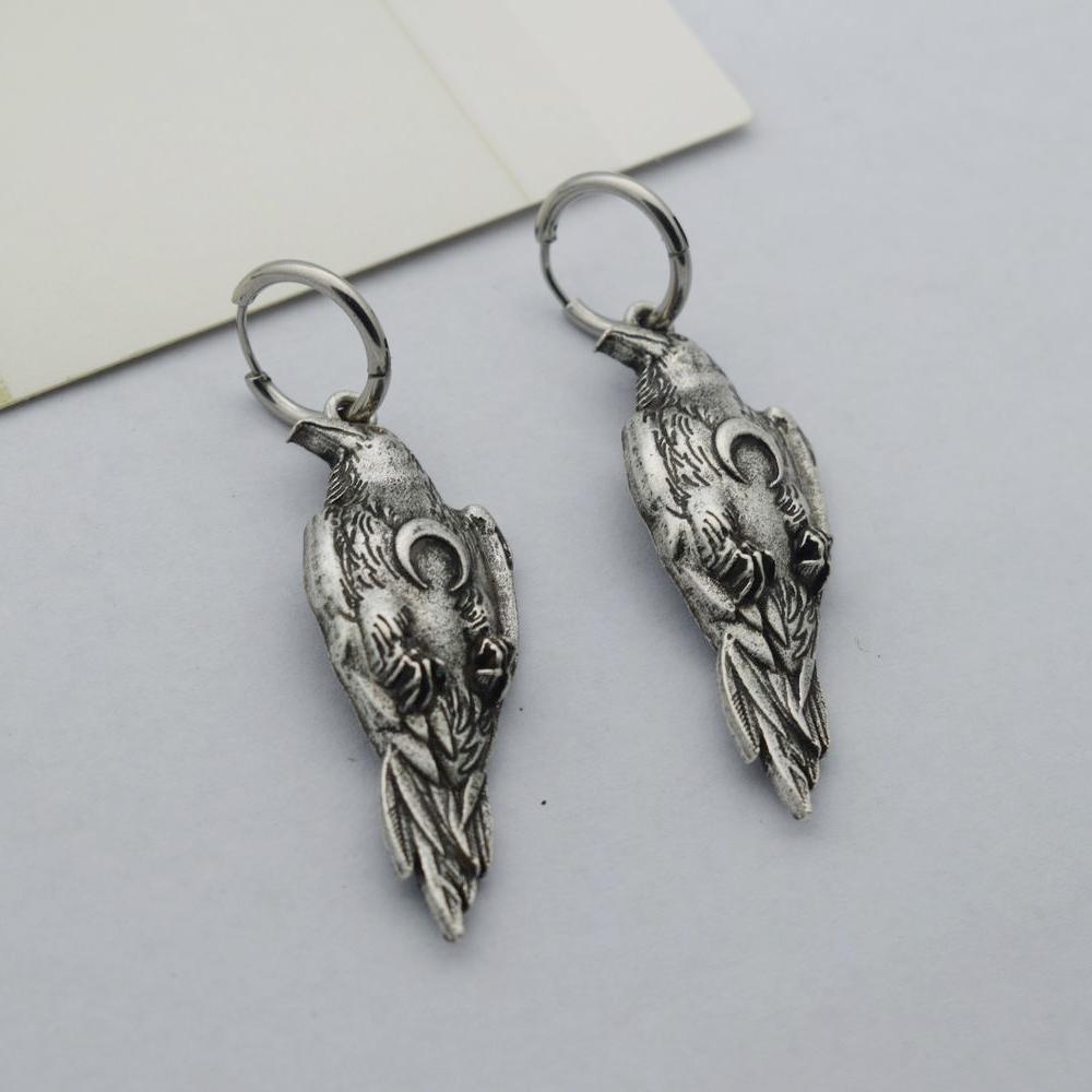 Norse Viking Wiccan Moon Phase Raven Earrings Stainless Steel Hook Handmade Jewelry