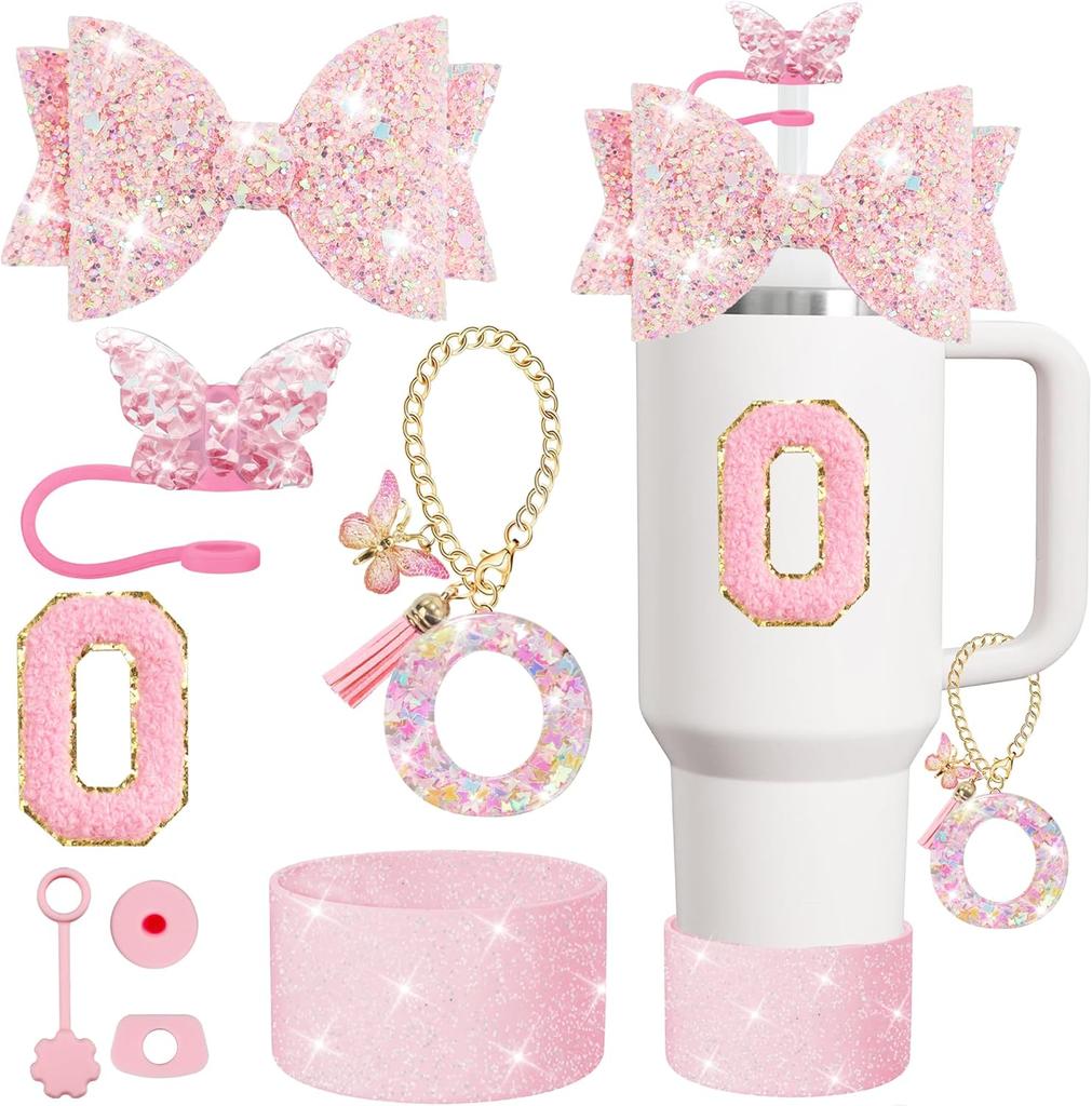 Set 8 buc Accesorii pentru Cană pentru Pahar Stanley 30oz 40oz Topper Paie Capac Acoperiș Boot, Dop Antivărsare Charm Autocolant Inițiale