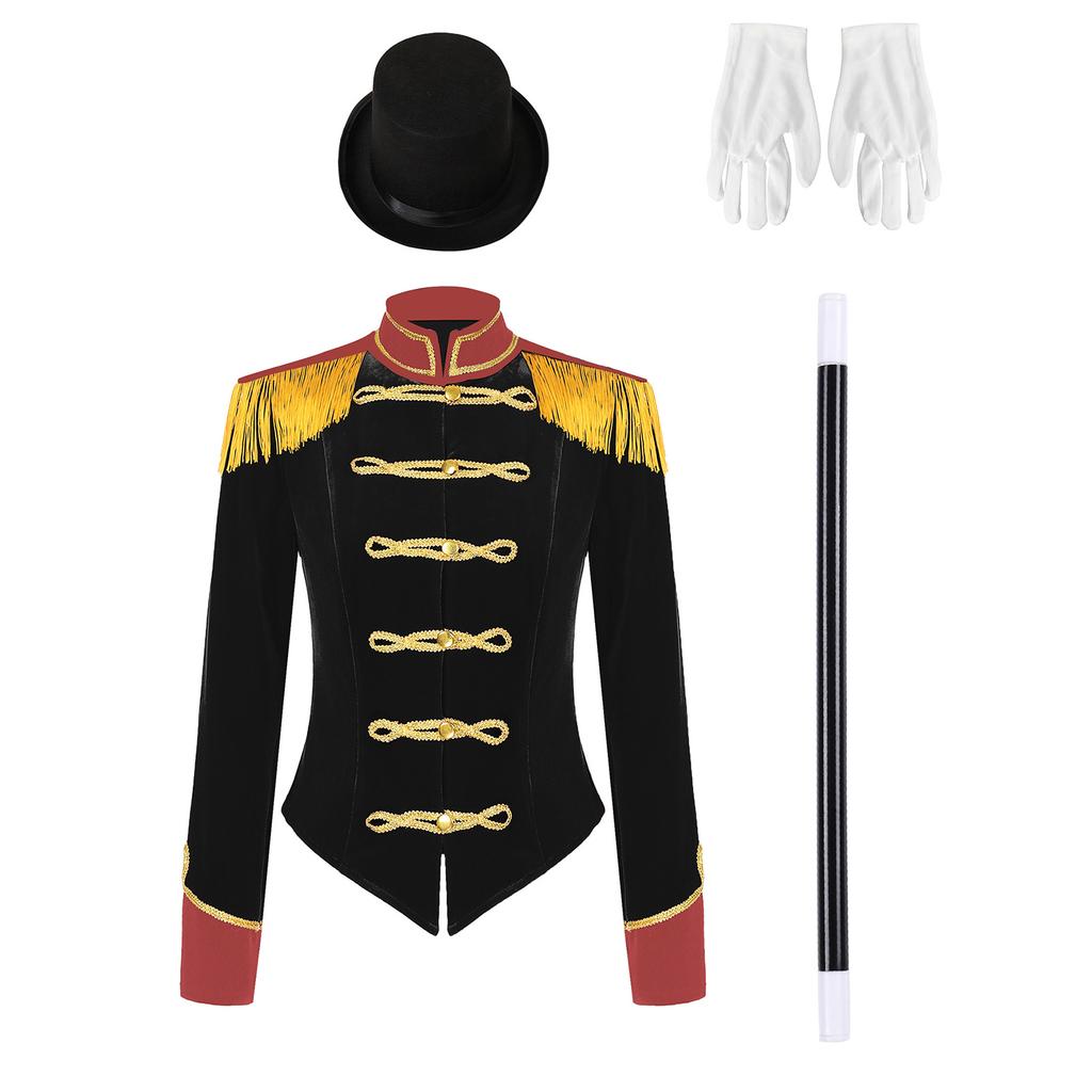 Women Ringmaster Costume Long Sleeve Jacket Stand Collar Fringe Shoulder Boards Golden Trim Hat Gloves Magic Set