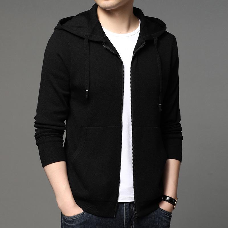 Men's Trendy Korean-Style Solid Color Zipper Hoodie - Long Sleeve Knit Cardigan