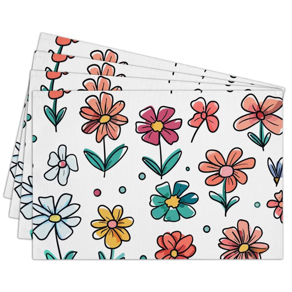 Cotton Linen Waterproof Placemats Set of 4, Daisy Floral Dining Mat Table Mats Decor