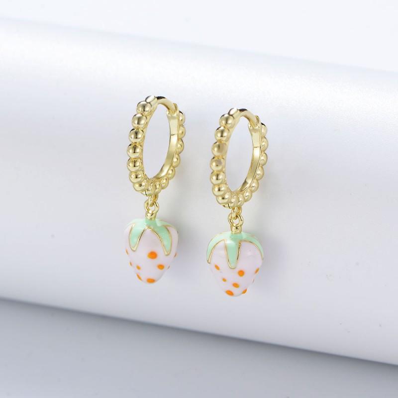 Pink Strawberry Enamel Drip Earrings Women Fun Cute Fruit Jewelry Sterling Studs 925 Sterling Silver