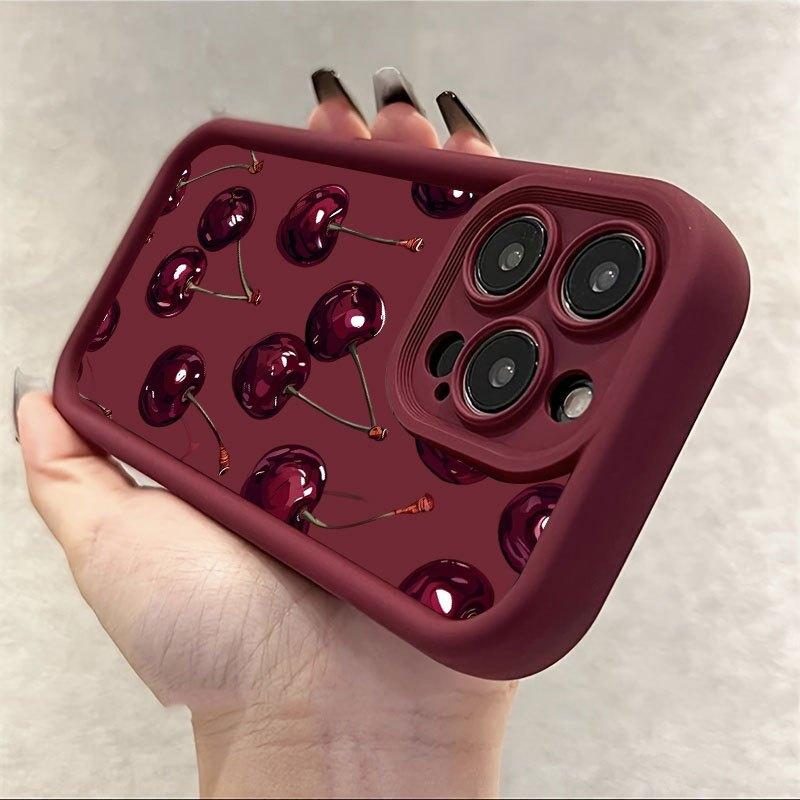 Black purple delicious cherry pattern phone case suitable for iPhone 17 16 15 14 13 12 11 Pro/Max/Plus anti drop and shockproof