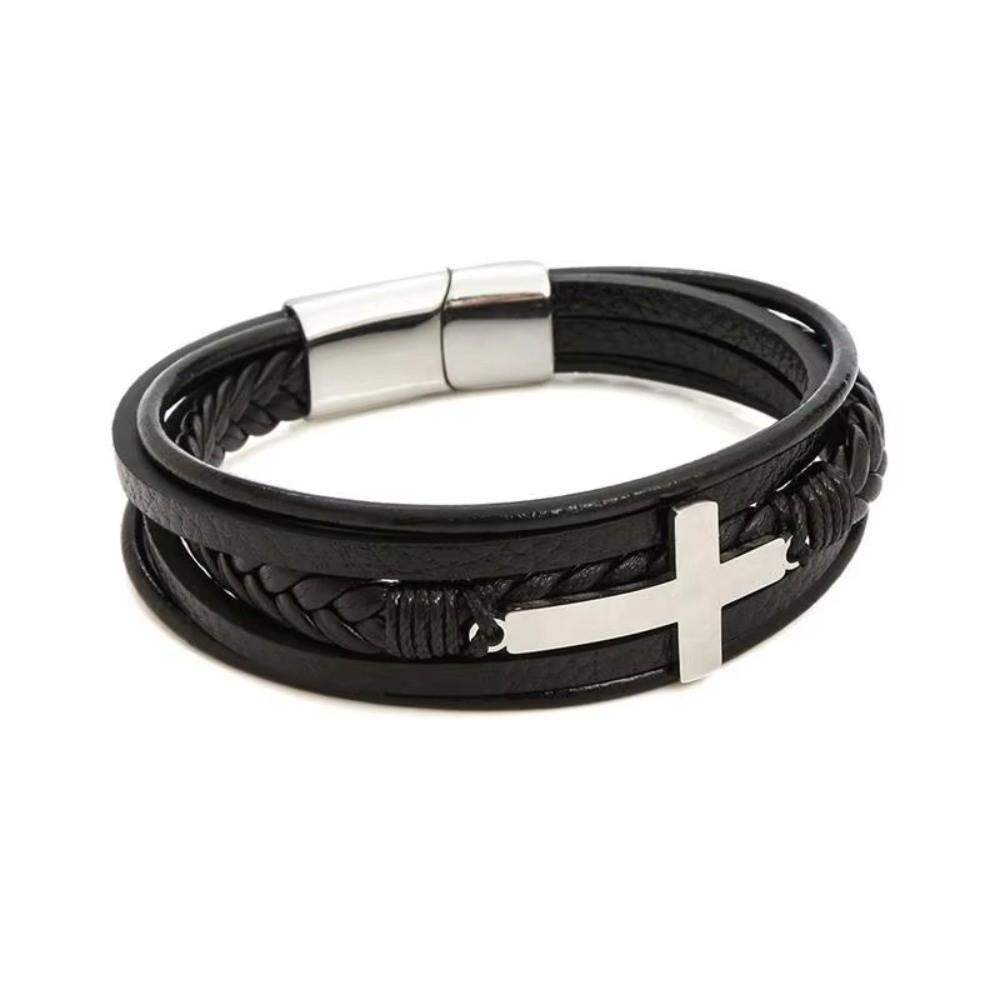 Cross Men's Cross Bracelet Zinc Zinc Alloy Leather Bangle Dark Series Leather Bracelet  Fashion Jewelry