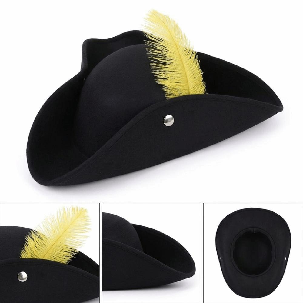 Classic Retro Tricorn Hat Wide Brim Pirate Headwear Pirate Feathers Hat Halloween Party