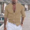 Cămașă de in ușoară pentru bărbați, casual, cu nasturi, cu mânecă lungă, textură de lucru, tricou simplu, top pentru vacanță la plajă
