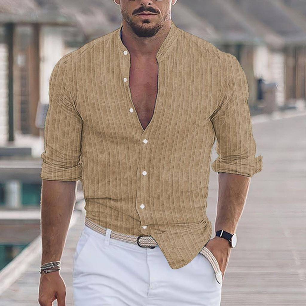 Cămașă de in ușoară pentru bărbați, casual, cu nasturi, cu mânecă lungă, textură de lucru, tricou simplu, top pentru vacanță la plajă