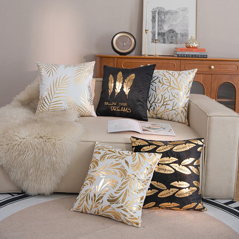 Pack of 2 Throw Pillow Covers 18x18 Inch for Couch Bed Sofa,Throw Pillow Covers with Gold Leaves Feather, Modern Bedroom Living Room Home Decor