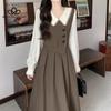 French Vintage Stitching Fake Two-piece Long-sleeved Dress Women's Spring and Autumn Doll Collar Elegant Long Dress