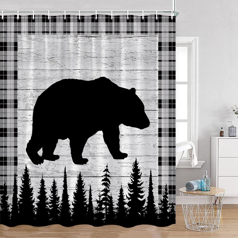 

Забавные шторки для душа с медведем, купающийся медведь, узор из деревянных досок, тканевый декор для ванной комнаты, силуэт медведя, деревенская занавеска для ванной с крючками 90x180cm-35x70in