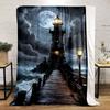 A Lighthouse Illuminates a Wooden Pier Over Rough Seas Under a Full Moon. for All Seasons Blanket Lunch Break Throw Gift