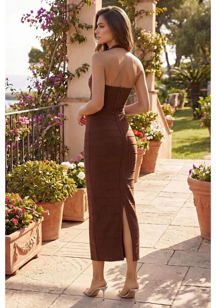 Yizhi Lian Halter Ribbed Bandage Midi Dress