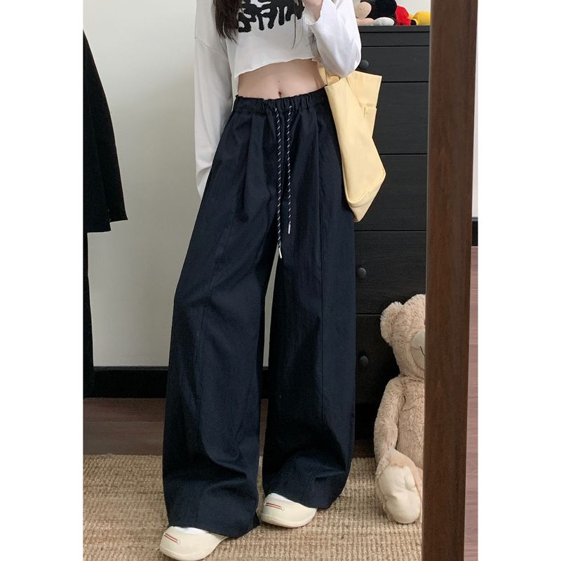 

Kumikumi Idle Style Solid Drawstring Loose Drape Casual Pants Women Autumn Slimming Versatile Wide Leg Mopping Pants Navy blue L