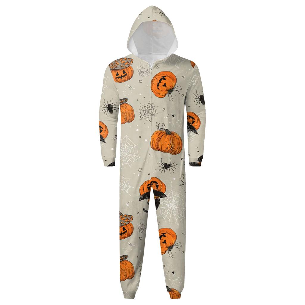 Halloween Print Family Matching Hooded Long Sleeved Zippered Jumpsuit Set