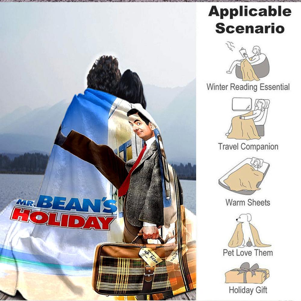 1pc Holiday Travel Bean Mr. Flannel Throw Blanket HD Printed Lightweight Soft Warm All Season Blanket for Sofa, Bed, Travel, Camping Machine Washable