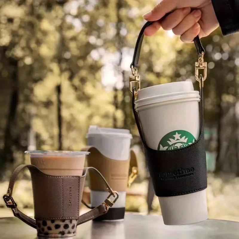 1pc PU Leather Portable Cup Cover, Insulated Cup Sleeve with Handle.