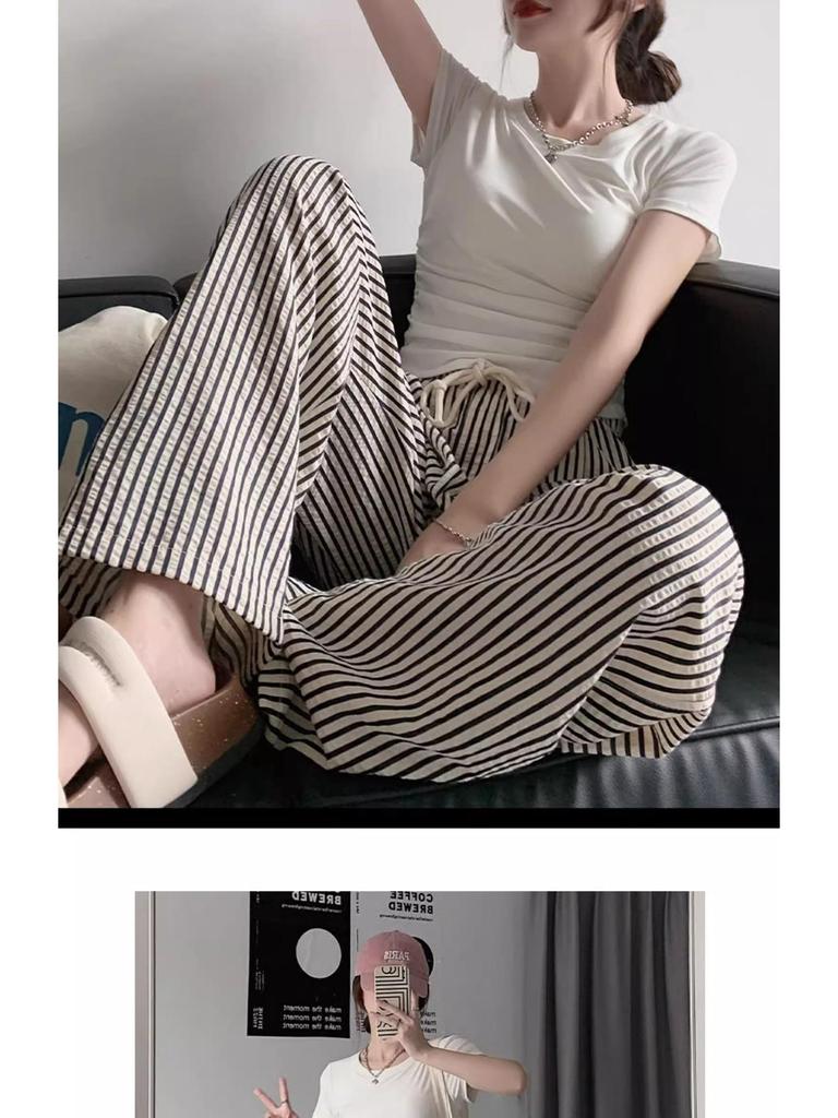 Women's High-Waisted Striped Wide-Leg Summer Pants - Petite, Loose, Slimming, Casual, Drapey.
