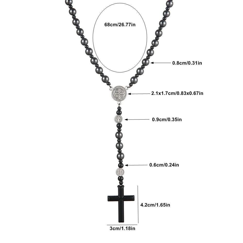 Rosario Nero alla Moda con Perline Rotonde Croce Classica con Ciondolo Regalo Rosario