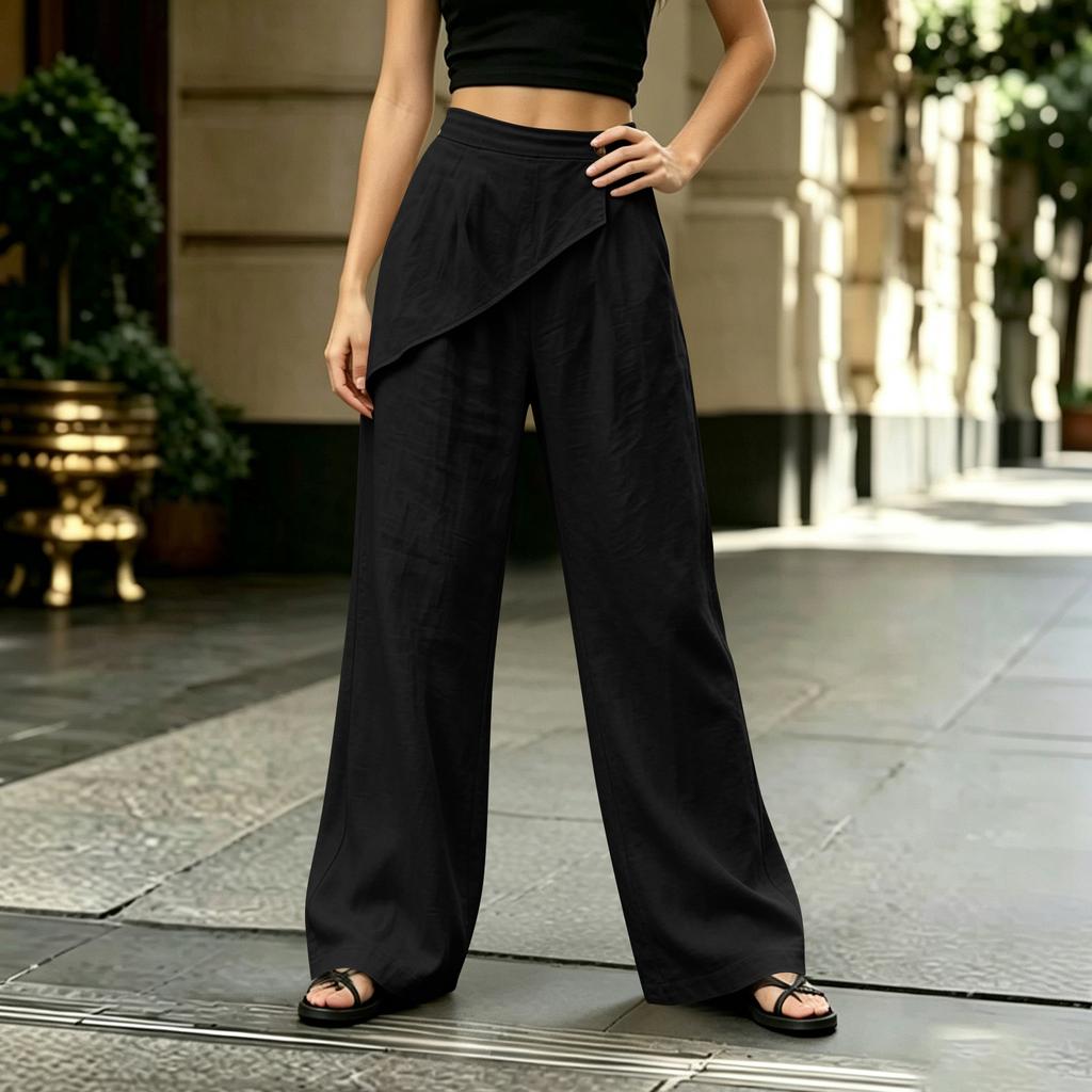 Women's Color Elastic Waist Wide Leg Casual Pants with Irregular Hem