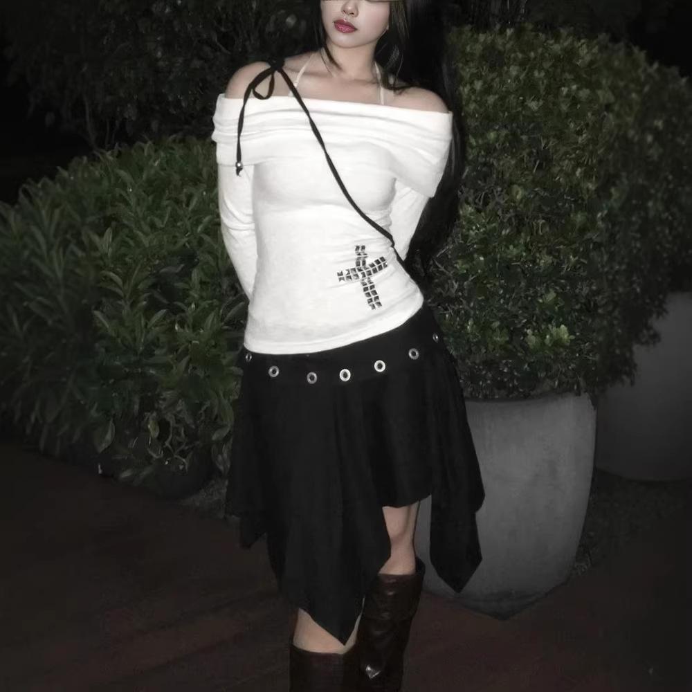 2025 Fashionable White Rhinestone One-Shoulder Long Sleeve Rivet Top