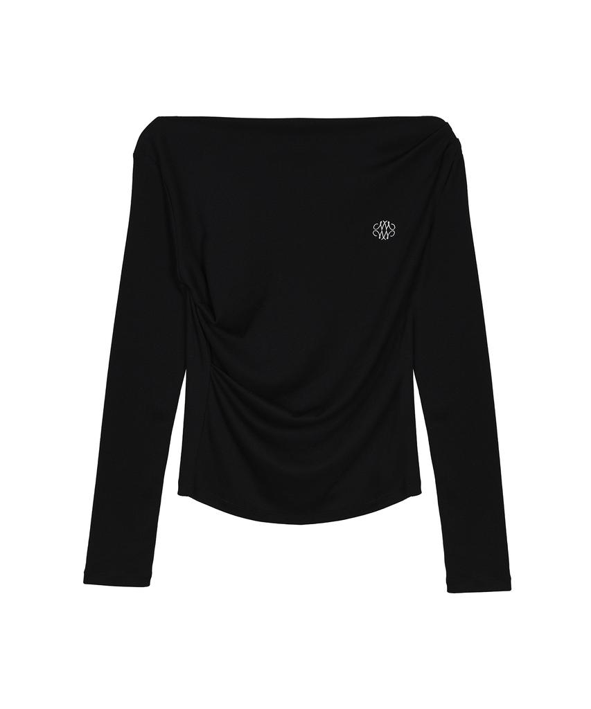 Nigaennikol Shirring Drape Boat Neck Top_Black