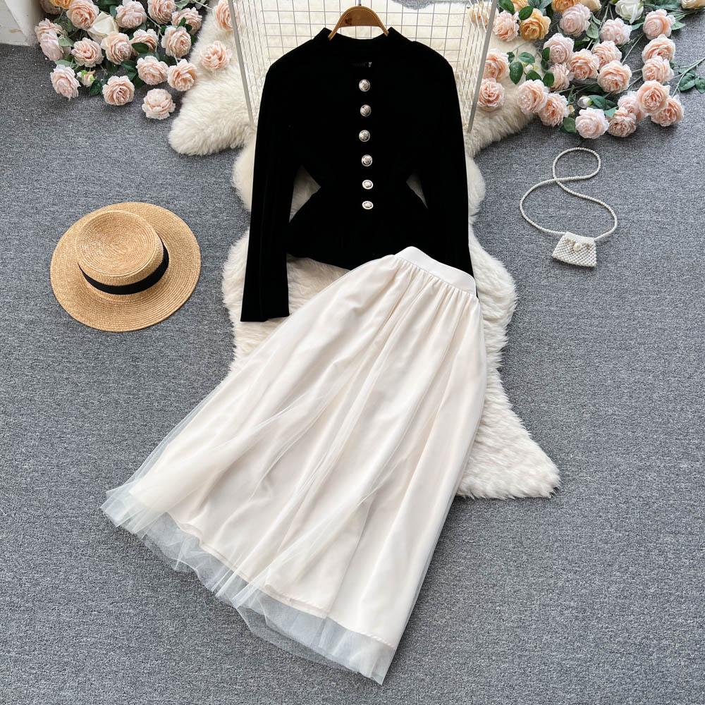 

Осенне-зимний однобортный бархатный кардиган с талией в стиле ретро плюс сетчатая юбка средней длины средней длины, комплект из двух предметов