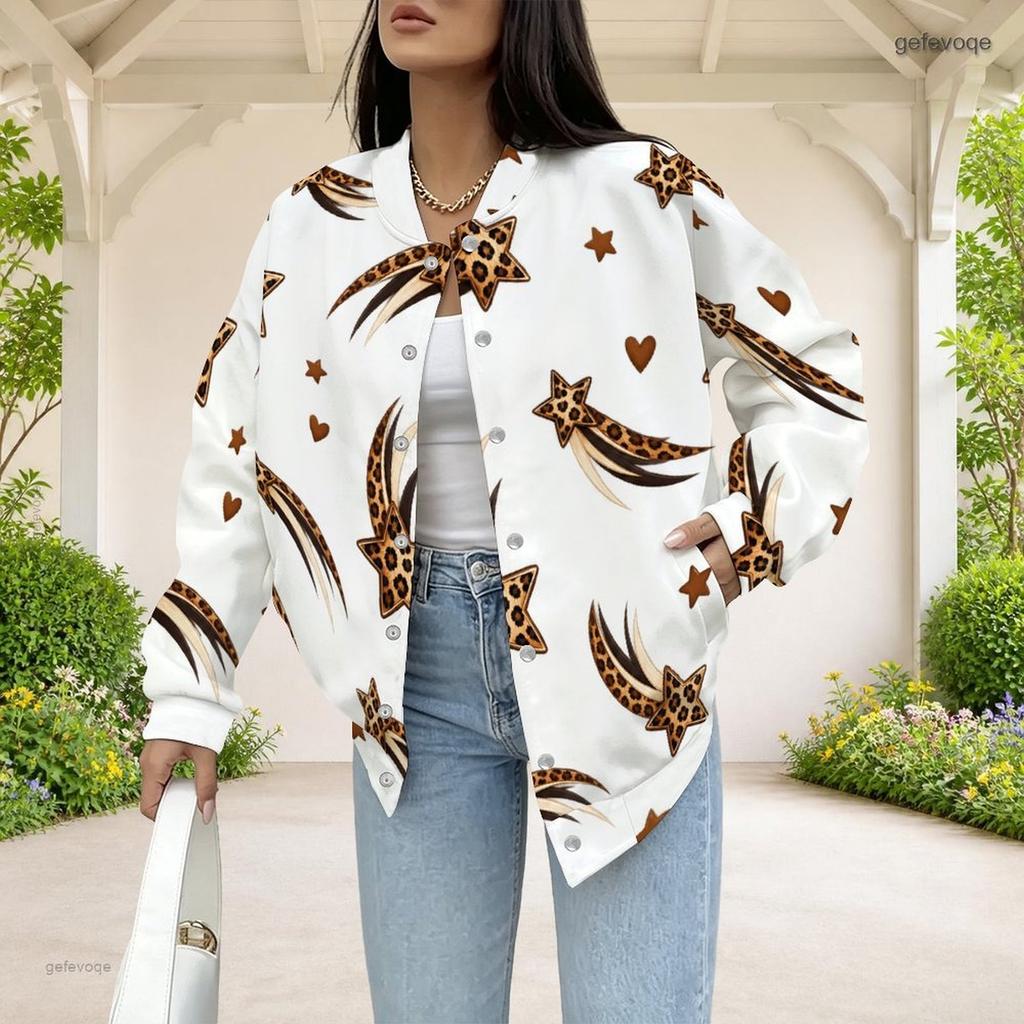 Women Plus Size White Leopard Star Heart Printed Long Sleeve Baseball Collar Jacket With Pockets