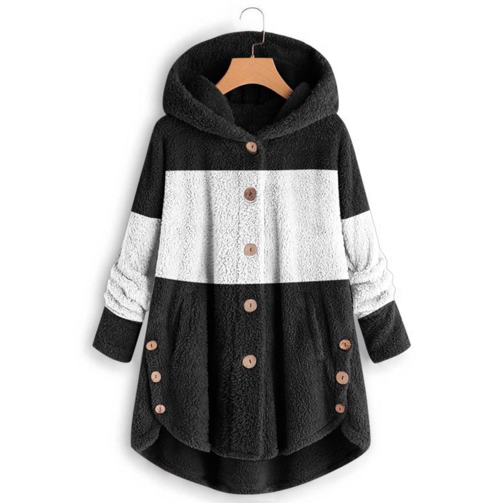 Damen Modische Patchwork Lockerer Kapuzenplüsch mit Knöpfen Langarm Locker Warme Jacke