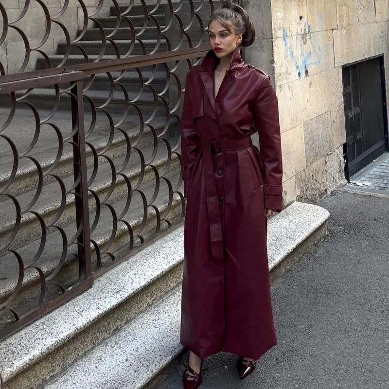 Europeisk og amerikansk dametrenchcoat i kunstskinn med belte og krage, høst-/vinterkolleksjon