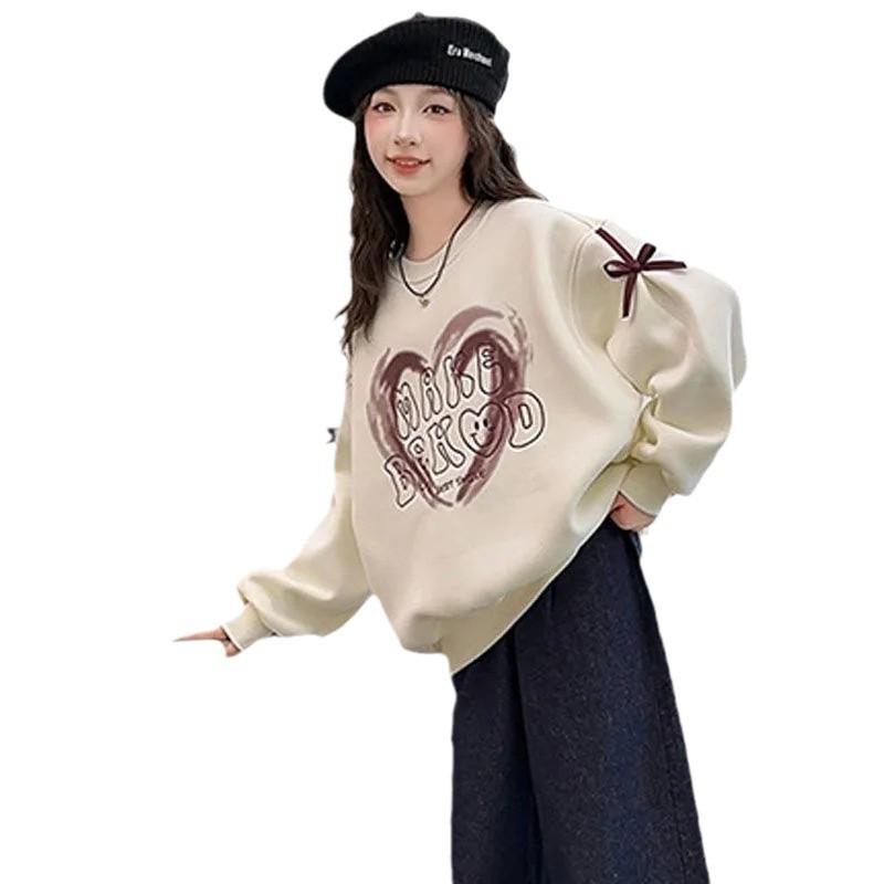 Girls' Fleece-Lined Spliced Sweatshirt: Stylish Autumn/Winter Pullover for Kids