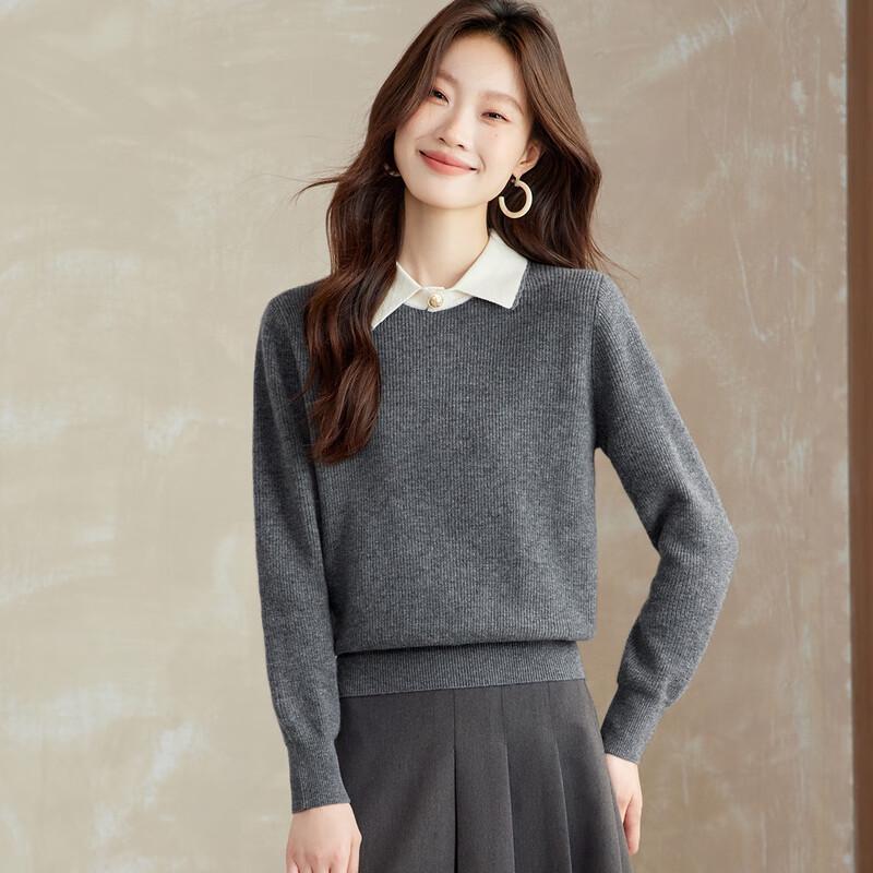 

Women s 100% Wool Faux Two-Piece Turn-Down Collar Sweater XL